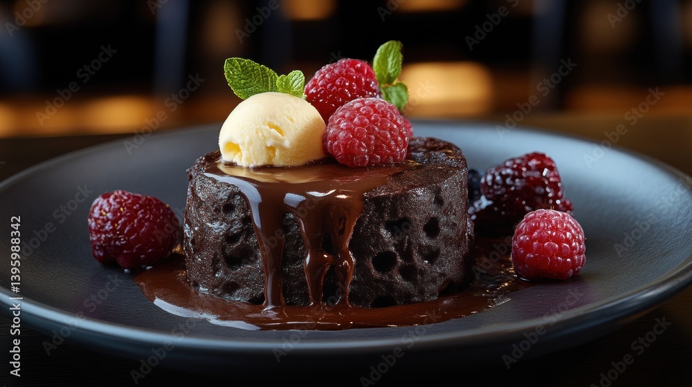 Decadent Chocolate Dessert with Raspberry and Ice Cream Garnish Gourmet Treat Sweet Indulgenc