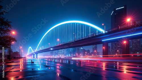 bridge in neon light in big night city	
