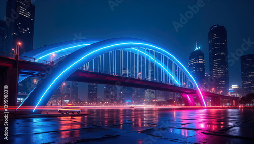 bridge in neon light in big night city	
