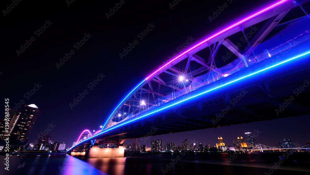 bridge in neon light in big night city
