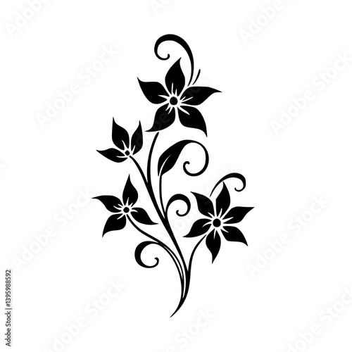 Elegant Black Floral Vector Design on White, Decorative Branch