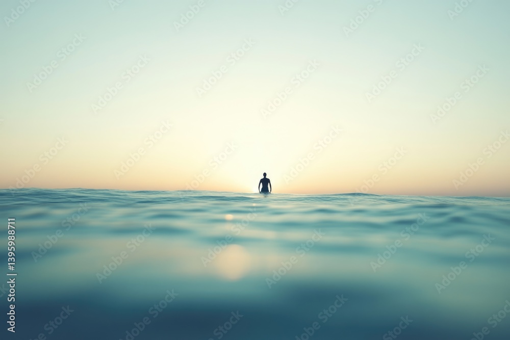 Fototapeta premium Solitary figure in tranquil ocean waters at sunset, peaceful and serene.