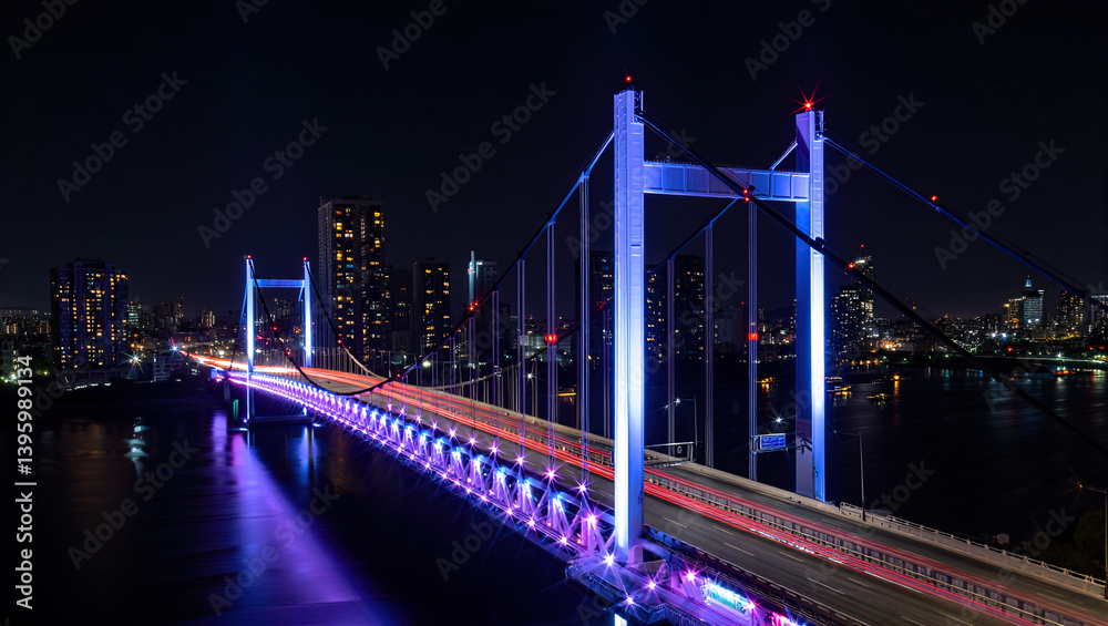 bridge in neon light in big night city