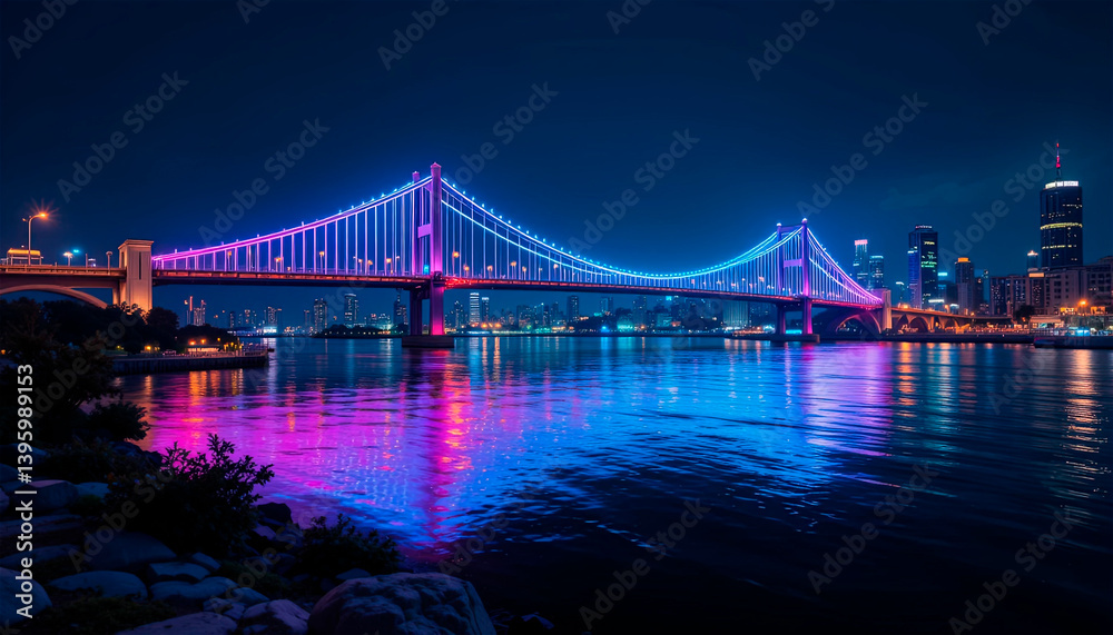 bridge in neon light in big night city