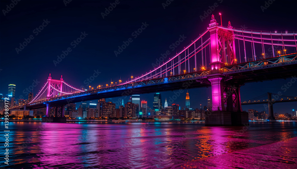 bridge in neon light in big night city