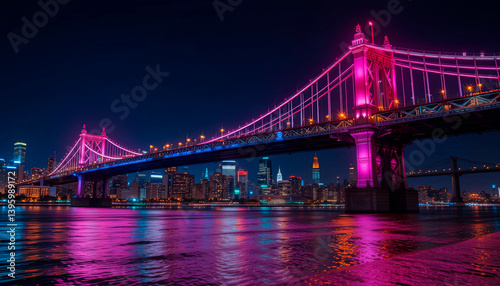 bridge in neon light in big night city	

