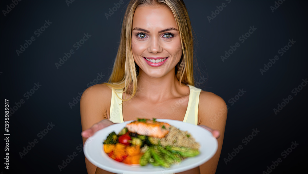 Woman holding healthy proper diet dish, copy space, proper nutrition