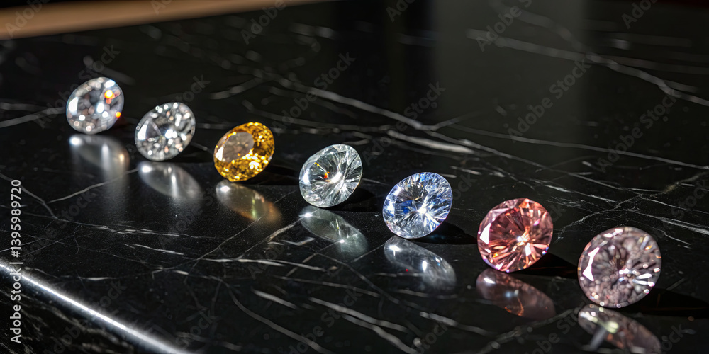 Various gemstones in different colors are aligned on a dark marble counter, reflecting light with intricate facets, highlighting their unique beauty and clarity during a jewelry showcase Various gemstones in different colors are aligned on a dark marble counter, reflecting light with intricate facets, highlighting their unique beauty and clarity during a jewelry showcase