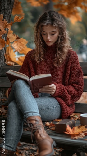 Enjoying a Cozy Reading Time in Autumn at a Park With Vibrant Foliage