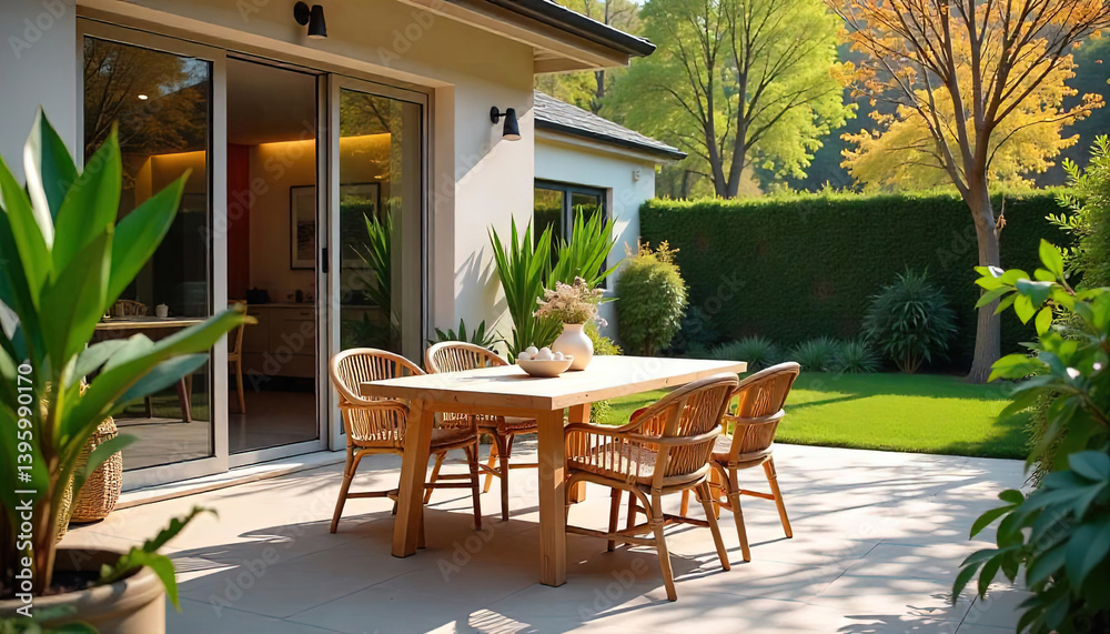 outdoor dining table with rattan furniture and plants on open terrace of house.