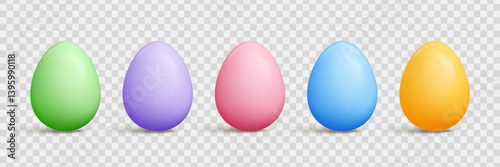 Cartoon Easter 3d egg with shadow set - solid vibrant colors oval vector shapes, decorative polka dots, striped diagonal lines drawing, cute geometric patterns on transparent background.