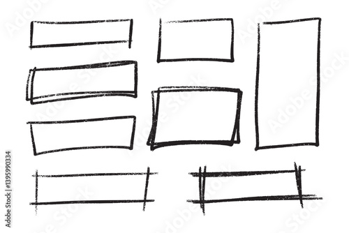 Crayon highlight rectangle set - hand drawn rough shapes sketchy marker underlining graphic elements. Ink grunge style for design ui, emphasizing important information drawing attention to text
