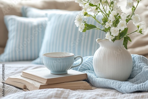 Enjoying a Cozy Afternoon With Books, Tea, and Fresh Flowers in a Soft Living...