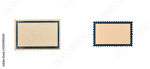 Two vintage postage stamps with dark borders, isolated, cut out transparent