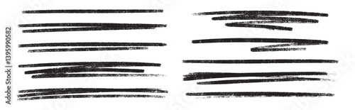 Black color crayon underline set - horizontal hand drawn chalk or marker highlighter strokes. Rough textured pencil lines with textured edges. Design elements for emphasizing text or decorative accent