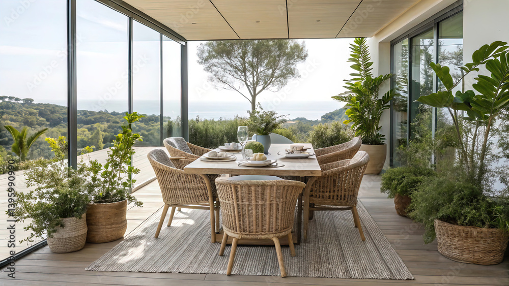 outdoor dining table with rattan furniture and plants on open terrace of house.