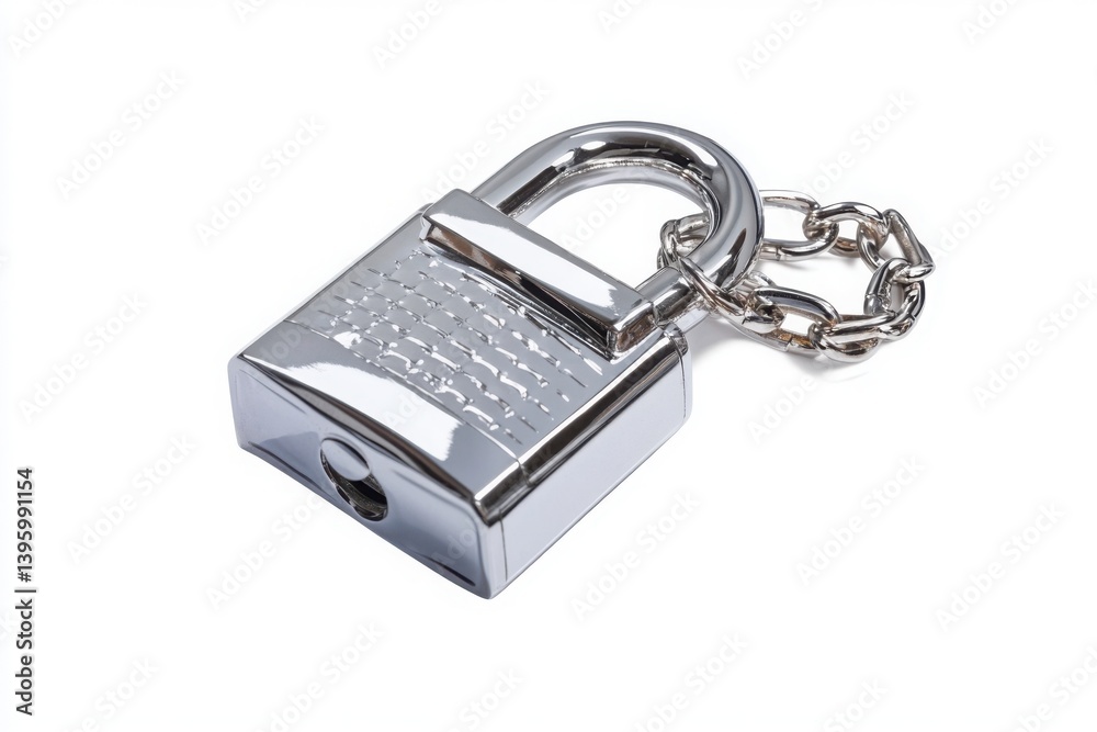 A shiny metal padlock with a chain on white background A shiny metal padlock with a chain on white background