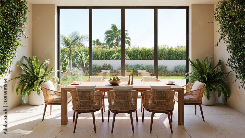 outdoor dining table with rattan furniture and plants on open terrace of house.