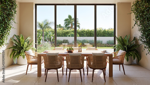 Obraz na płótnie outdoor dining table with rattan furniture and plants on open terrace of house.
w salonie