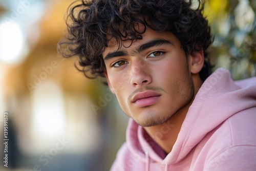 Young Man With Curly Hair Wearing a Pink Hoodie Outdoors During Golden Hour i...