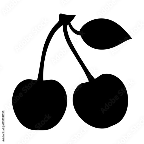 A Pair of Cherries with a Single Leaf Illustration Black Silhouette Graphic