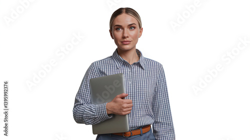 business woman standing and holding laptop under arm	
