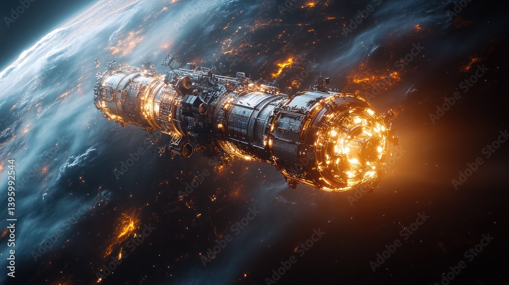 Burning spaceship orbiting Earth. Burning spaceship orbiting Earth.