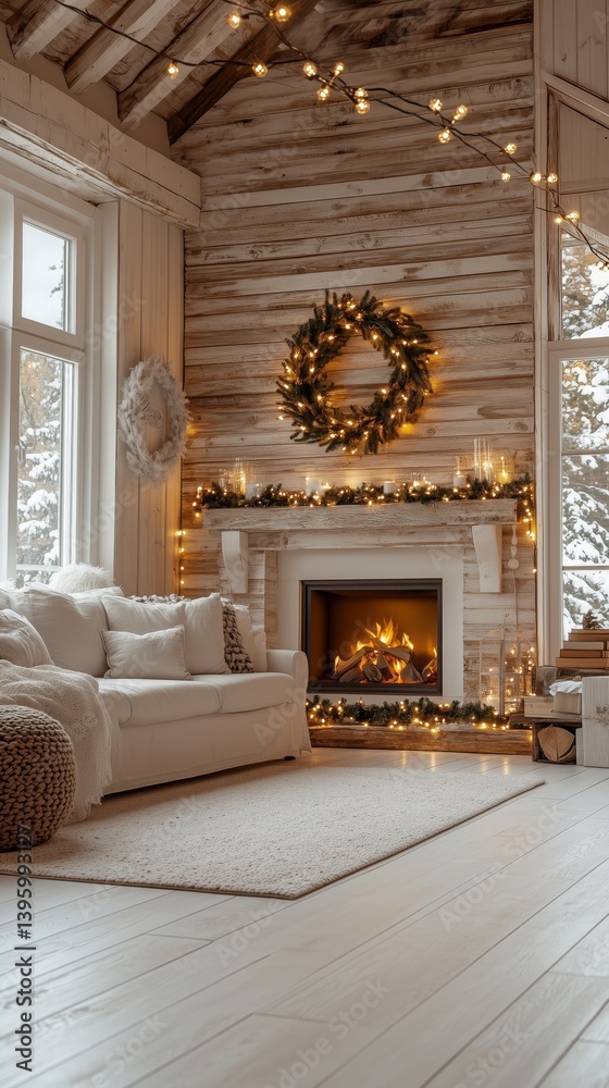 Fototapeta premium Cozy Living Room With Fireplace and Holiday Decorations in Rustic Style