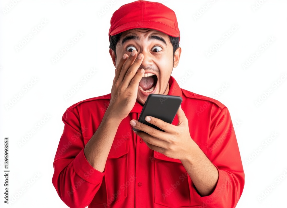 Man Reacting with Surprise Looking at Phone Wearing Red Uniform and Cap Man Reacting with Surprise Looking at Phone Wearing Red Uniform and Cap