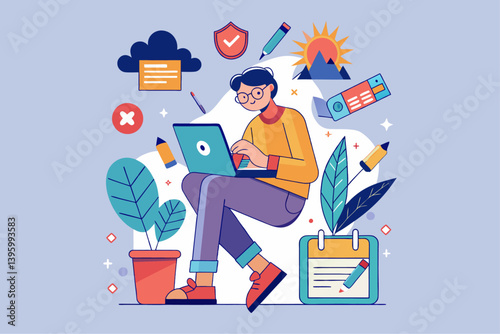 Illustration vector  of a woman working on a laptop