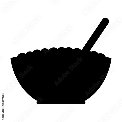 A black silhouette of a bowl of cereal with a spoon