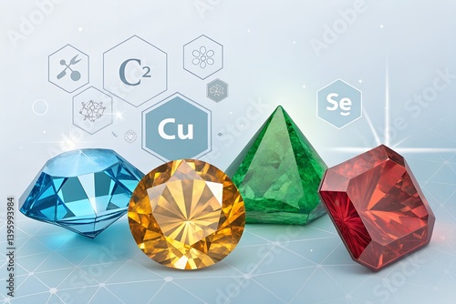 Gems: A captivating image showcasing an array of dazzling gemstones, each boasting unique facets and colors, as the backdrop features various chemical elements