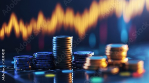 Coin stacks with trading app and orange chart	 photo