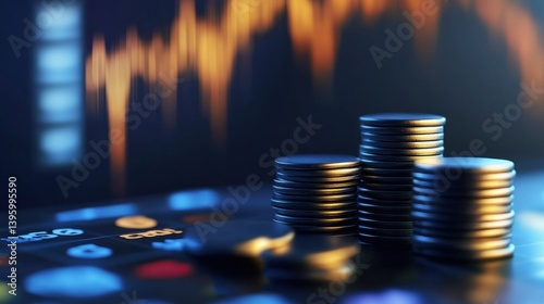Coin stacks with trading app and orange chart	 photo