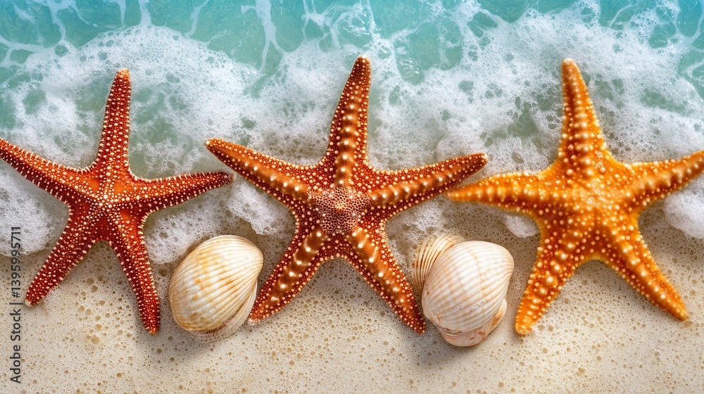 Three Starfish on a Beach with Shells and Ocean Foam Three Starfish on a Beach with Shells and Ocean Foam