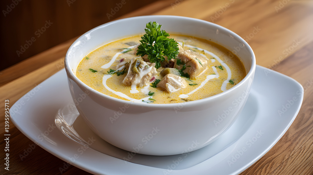 Creamy Chicken Soup with Herbs and Garnish in a White Bowl on Wooden Table Creamy Chicken Soup with Herbs and Garnish in a White Bowl on Wooden Table