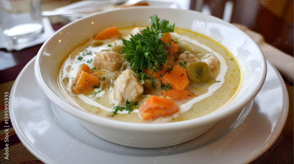 Creamy Chicken Soup with Vegetables in a Bowl Garnished with Fresh Herbs and Creamy Drizzle Creamy Chicken Soup with Vegetables in a Bowl Garnished with Fresh Herbs and Creamy Drizzle