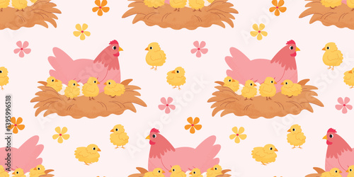 Vector seamless pattern with laying hens hatching eggs. Cute illustration with hand drawn textures. Hatched chicks in a nest. Pattern for design and decoration. Poultry farming.