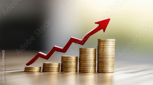 Stacked coins with rising arrow on wood	 photo