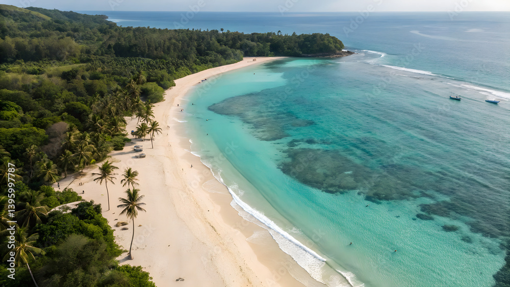 Aerial beach paradise tropical island ocean view palm trees sand shoreline turquoise water vacation destination Aerial beach paradise tropical island ocean view palm trees sand shoreline turquoise water vacation destination