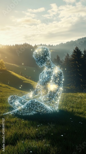 Digital glowing figure meditating in nature	
