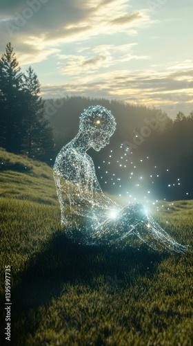 Digital glowing figure meditating in nature	