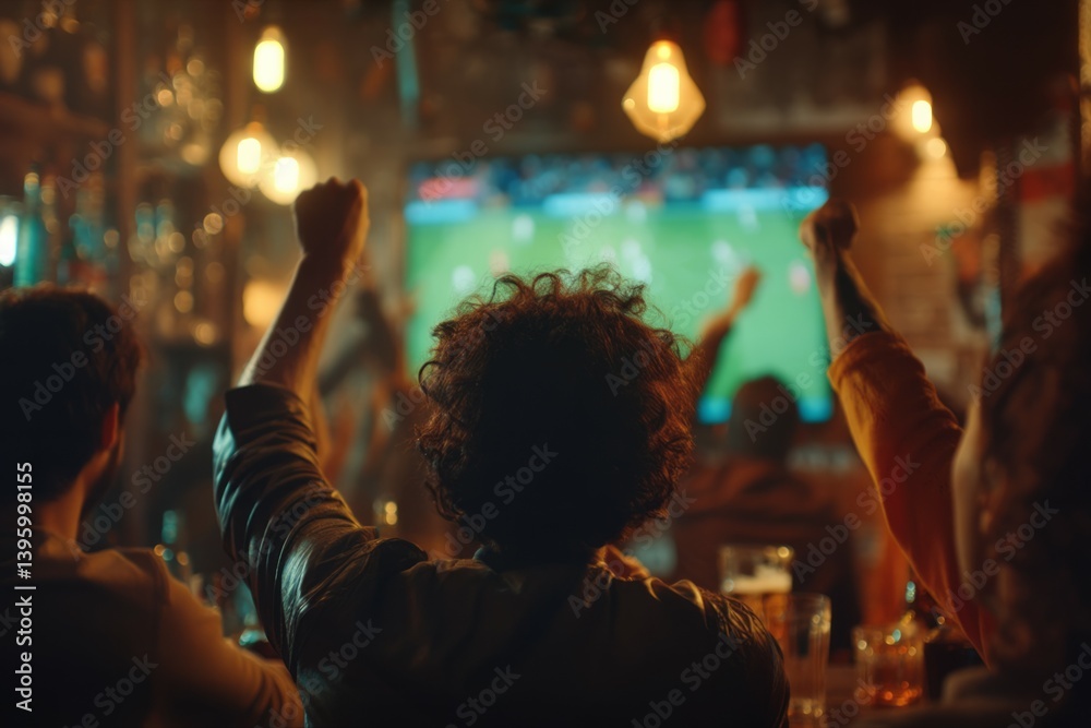 Fototapeta premium Men watching a match in a bar celebrate when a goal is scored