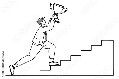 Man Sprinting Up Stairs Holding Trophy Celebrating Success