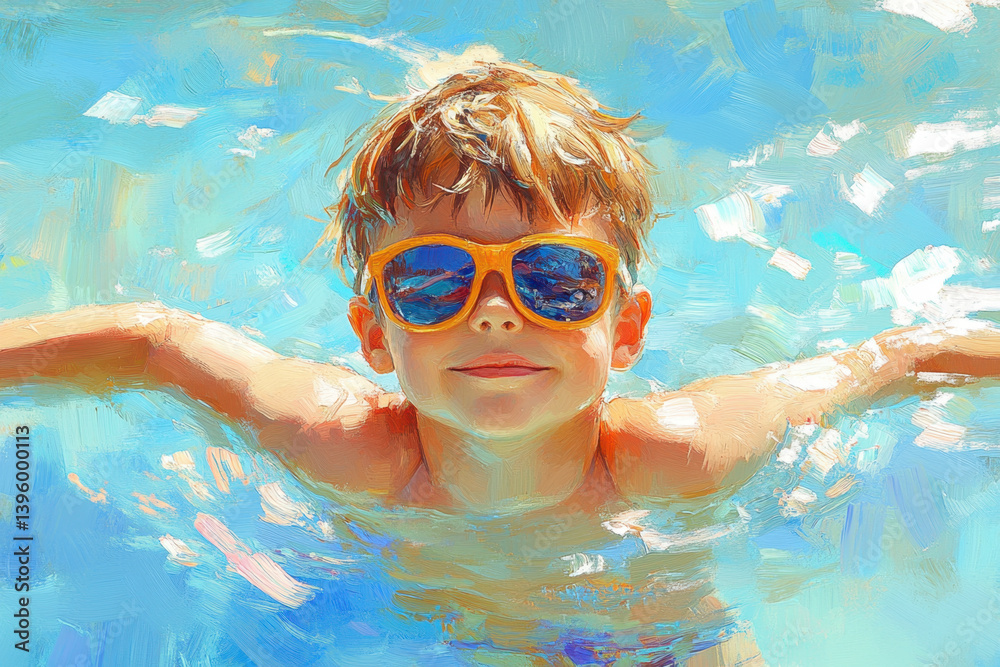 Naklejka premium A boy joyfully splashing in a shimmering lake, surrounded by lush green trees under a clear blue sky.