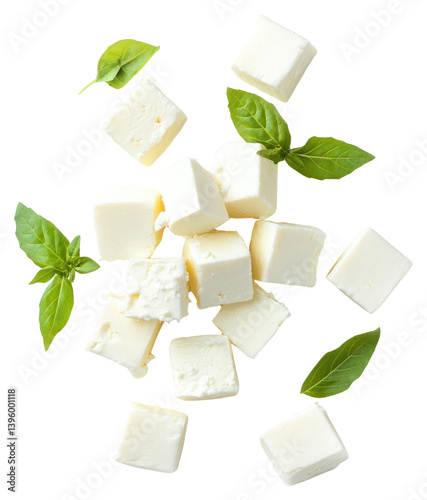Obraz na płótnie PNG Falling feta cheese cubes background white white background. w salonie