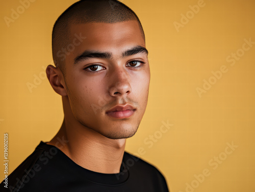 Portrait of Confident Man: A striking portrait of a handsome man, showcasing confidence and a commanding gaze, highlighted against a warm, solid backdrop.