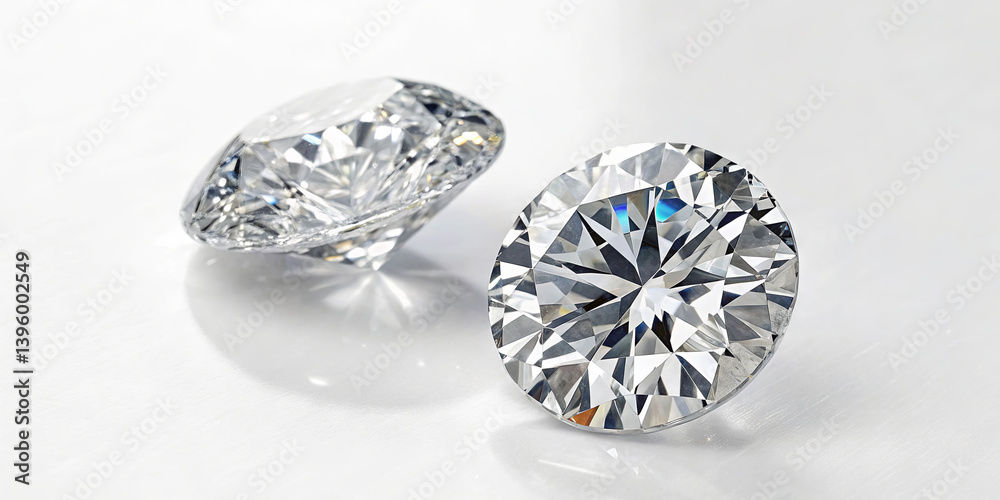 Two dazzling diamonds rest on a smooth, reflective surface. Their cut enhances the light, showcasing a spectrum of colors and intricate details under soft lighting Two dazzling diamonds rest on a smooth, reflective surface. Their cut enhances the light, showcasing a spectrum of colors and intricate details under soft lighting