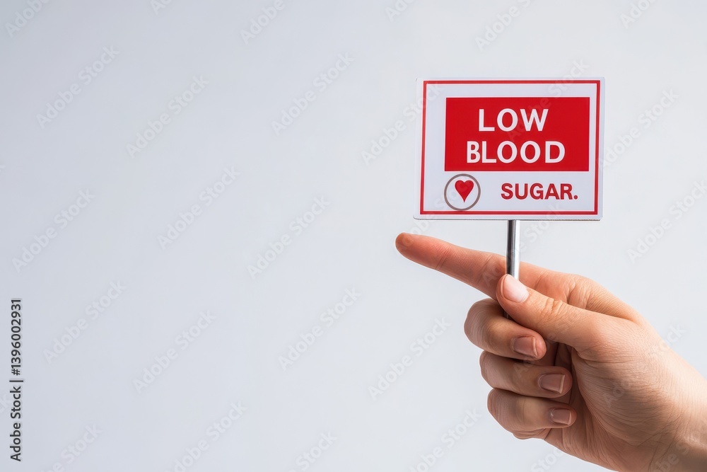 Hand holding a sign that reads low blood sugar against a white background in a studio setting today Hand holding a sign that reads low blood sugar against a white background in a studio setting today