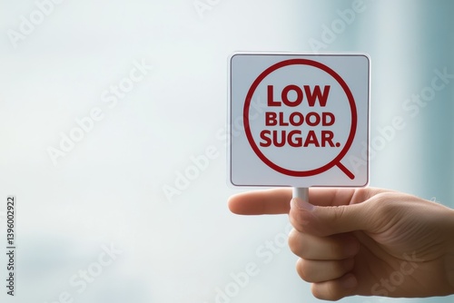 A hand holds a sign that reads low blood sugar with a red circle around it against a blurred background